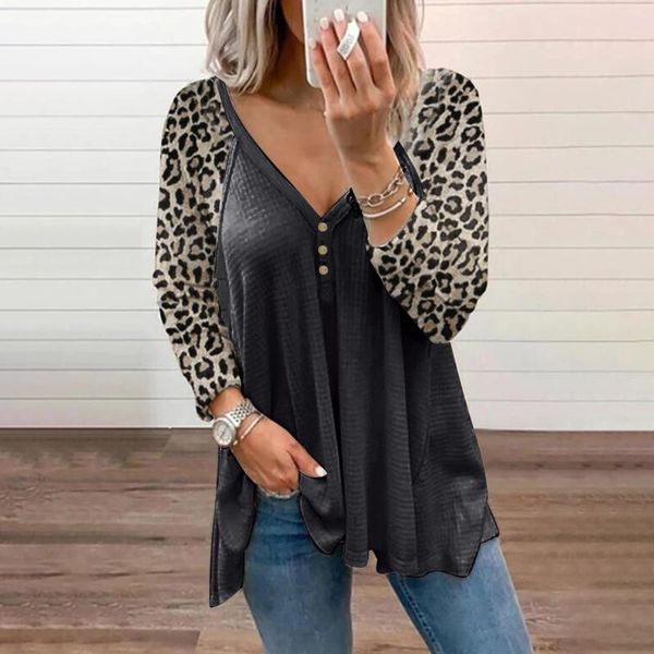 

women's blouses & shirts blouse women leopard print splicing v-neck long sleeve casual basic button mujer ladies loose blusa femin, White