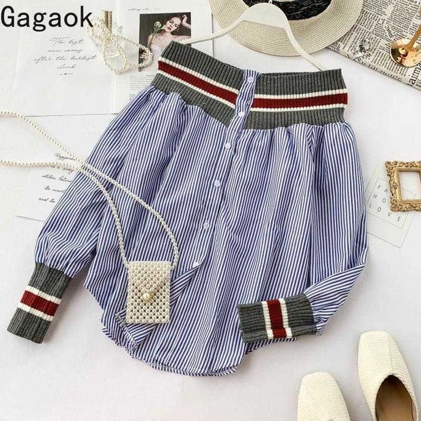 

women streetwear t-shirt spring autumn slash neck striped lantern sleeve slim wild retro chic female fashion pullover 210531, White
