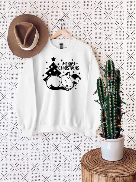 

women's hoodies & sweatshirts christmas cat, merry sweatshirt holiday gift family 100% cotton solid thicken warm women lady fashion dro, Black