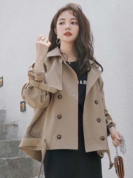 

women's jackets lamtrip korean solid color double-breasted trench 2021 autumn loose short double breasted students coat, Black;brown