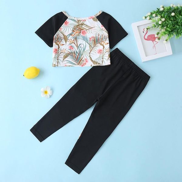 

clothing sets 2021 summer yocute kids clothes two pieces set girl black color matching printing suit flower printed baby toddler, White