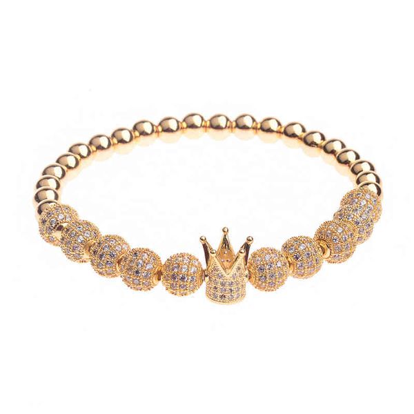 2021 Luxo Hotselling Men's 6mm Cobre Bead Gold Crown Pulseira Elástico 8mm Micro Inlay Zircon Balls Royal Crown Charm Bracelet