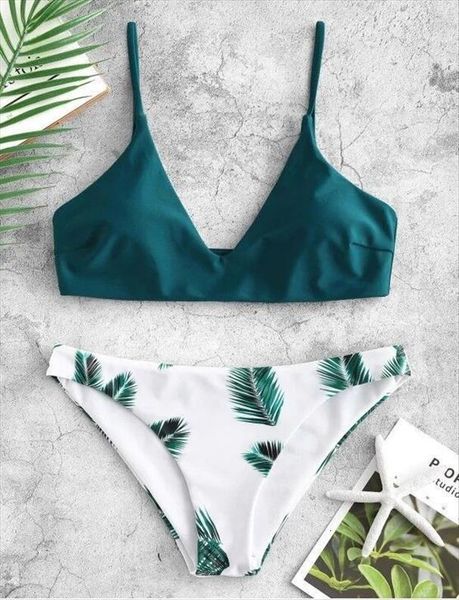 

Sexy Women Leaf Print Bikini Swimsuits Set Push Up Padded Bathing Swimsuit Beachwear Spaghetti Straps Maillot De Bain Femme, White;black