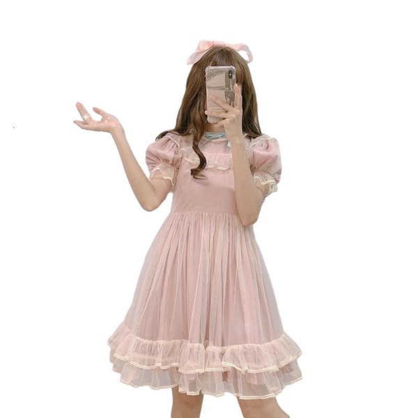 

women's t-shirt summer lolita kawaii short tulle dress women soft girl pink casual cute ruffle puff sleeve fairy vintage party mes, White