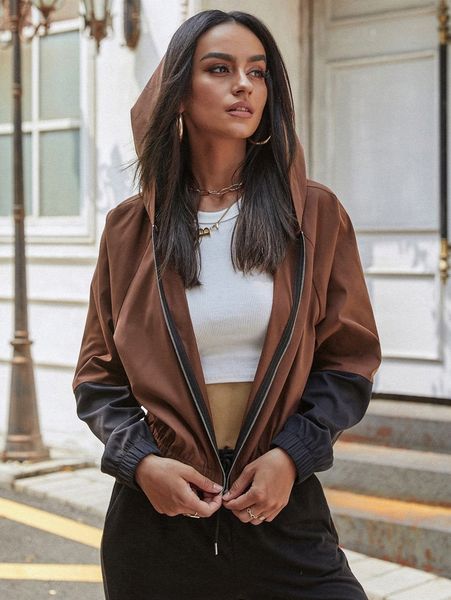 

colorblock zip up raglan sleeve hooded crop jacket e3ab#, Black;brown