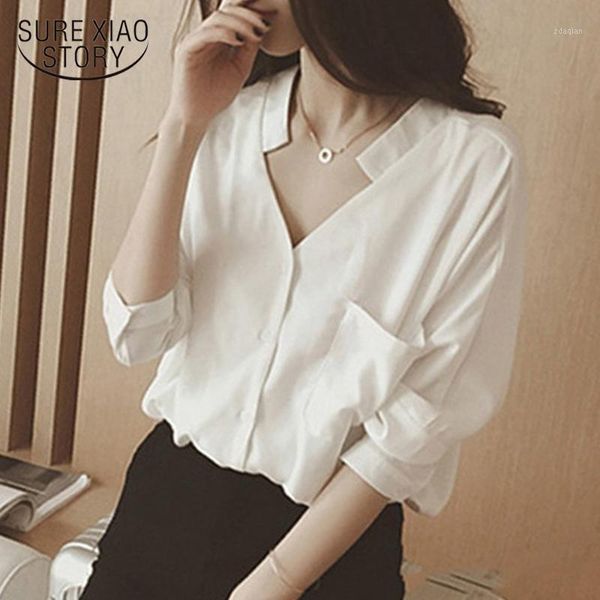 

casual white shirts women solid korean fashion long sleeve blouse 2021 spring v neck chiffon backless 11046 women's blouses &