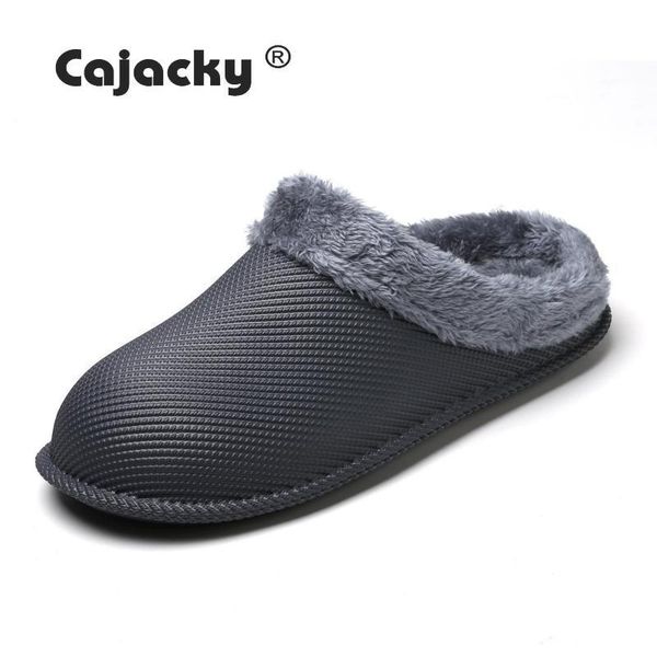

slippers cajacky men winter waterproof shoes warm indoor plus size 36-47 flip flop plush, Black