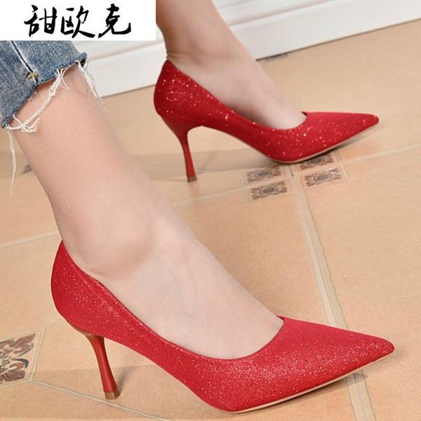 

dress shoes fashion casual woman pu sequins 2021 spring high heels pointed toe stiletto comfortable heel, Black
