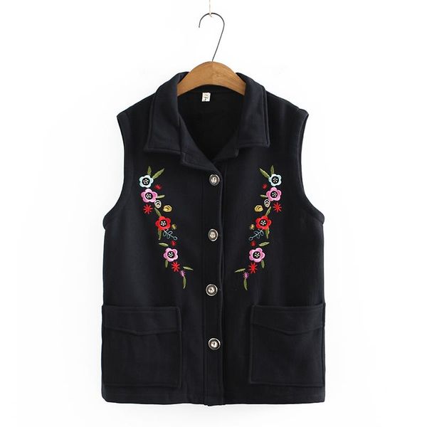 

women's vests autumn women flower embroidery cotton linen vest with fleece lining waistcoat black dark blue orange green sleeveless coa, Black;white