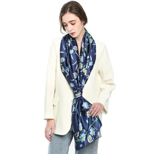 

scarves women fashion silk scarf thin shawl satin floral print 2021 summer casual sun protection pashmina 90x180cm, Blue;gray