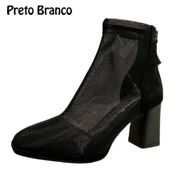 

boots preto branco 2021 mesh hollow ankle sandal sandals summer chunky heel -770-1, Black