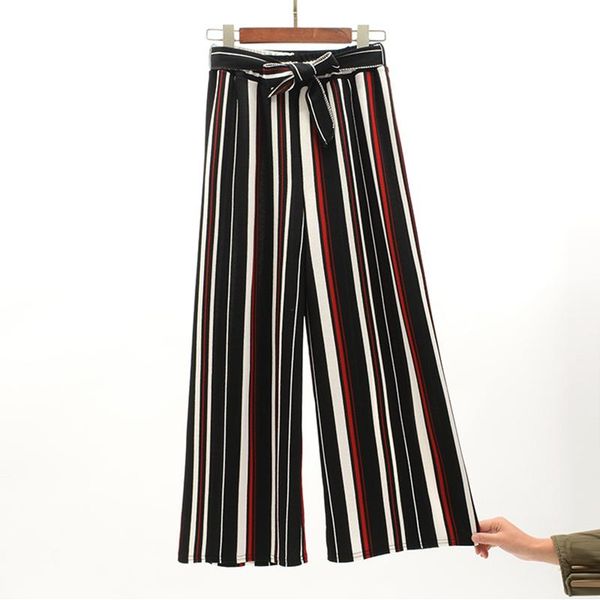

women's pants & capris 2021 spring summer belted striped high waist women leisure loose wide leg 16 colors yy336, Black;white