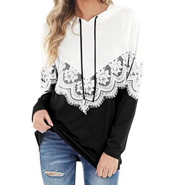 

women's hoodies & sweatshirts design solid color autumn and winter 2021 long sleeve lace matching hoodie, Black