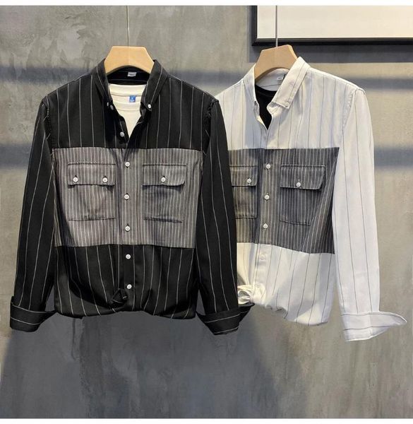 

men's casual shirts 2021 for men clothing korean slim fit shirt blouses male retro long sleeve striped patchwork o189, White;black
