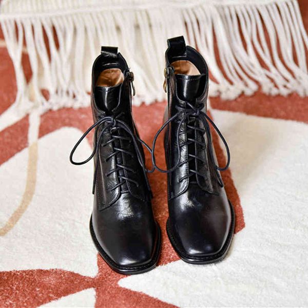 

dress shoes meotina real leather high heel ankle boots women square toe chunky heels zip cross tied female short autumn brown orqw, Black