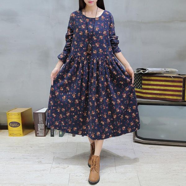 

casual dresses women dress long sleeve winter loose one piece vintage floral print cotton maxi vestido de festa, Black;gray