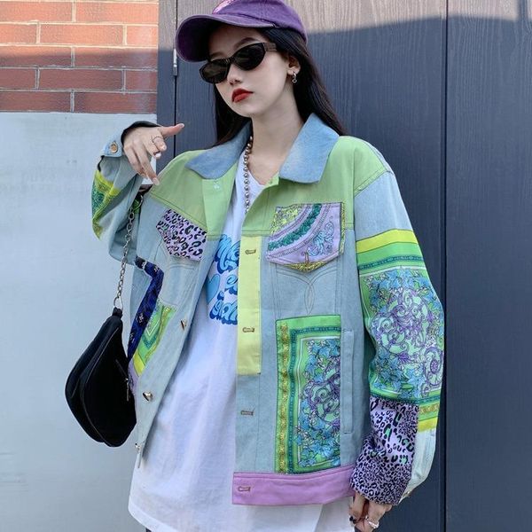 

women's jackets design sense stitching denim jacket spring and autumn 2021 fashion short european station coat, Black;brown