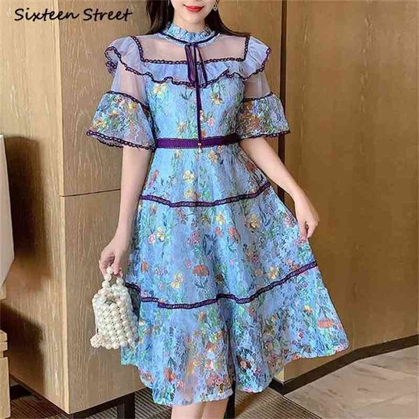 

runway blue lace embroidery dress woman summer stand collar elegant party bodycon lady sweet luxury mid es female 210603, Black;gray
