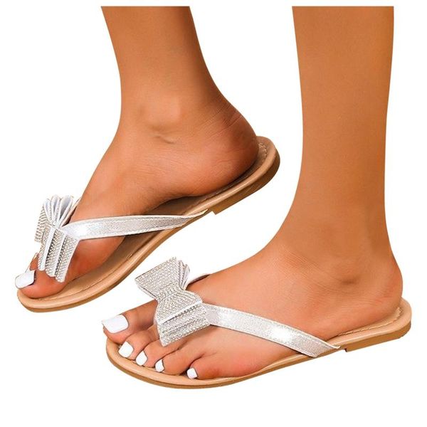 

slippers 2021 women's fashion point rhinestone bowknot flip toe flat casual indoor home flip-flops all season zapatillas, Black