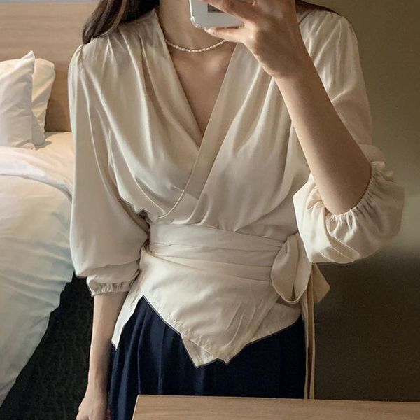 

women's blouses & shirts zcsmll korean summer elegant v-neck blouse cross-wrapped bandage waist seven-point puff sleeve shirt women 202, White