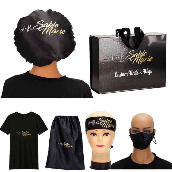 Kundenspezifische Verpackung für unbehandeltes Haarbündel, Satin-Maske/Satin-Beutel/Hang-Tag/Bundle-Wickel/Mützen/Stirnband/Haarbox/T-Shirt 210325
