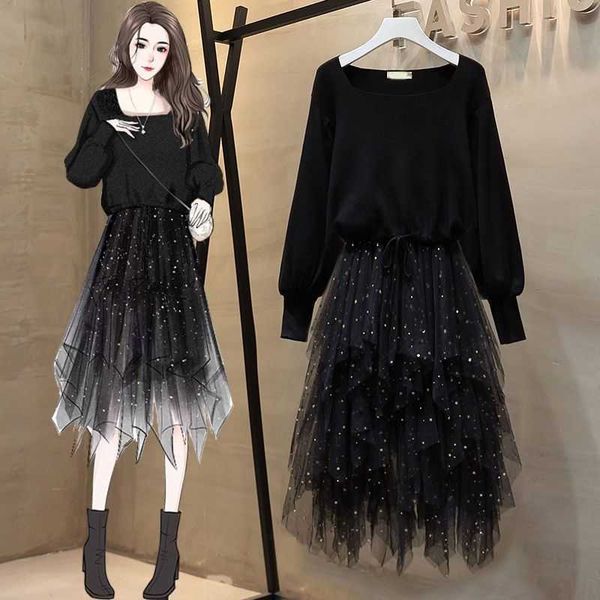 

casual dresses autumn dress 2 piece sets womens square collar knitted shirt black lantern sleeve + mesh diamond set skirt two suit, Black;gray