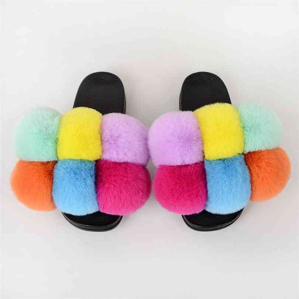 

summer women slippers faux fur slides for fluffy house female shoes woman with pom pon ry 210619, Black