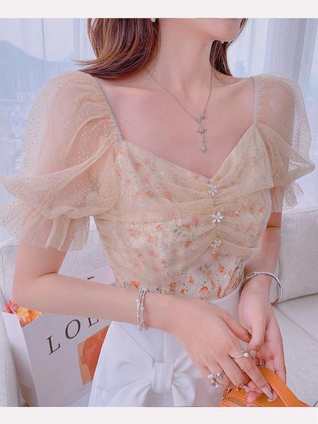 

women's t-shirt xinzi "monet's little shirt" chiffon shirt short sleeve summer 2021 style western sweet net yarn floral, White