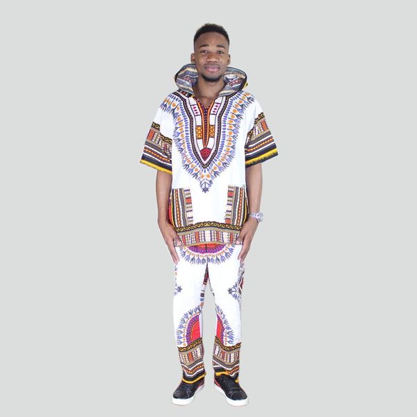 

ethnic clothing bohemian costume set african white print fashion hooded pockets dashiki men's suit, Red