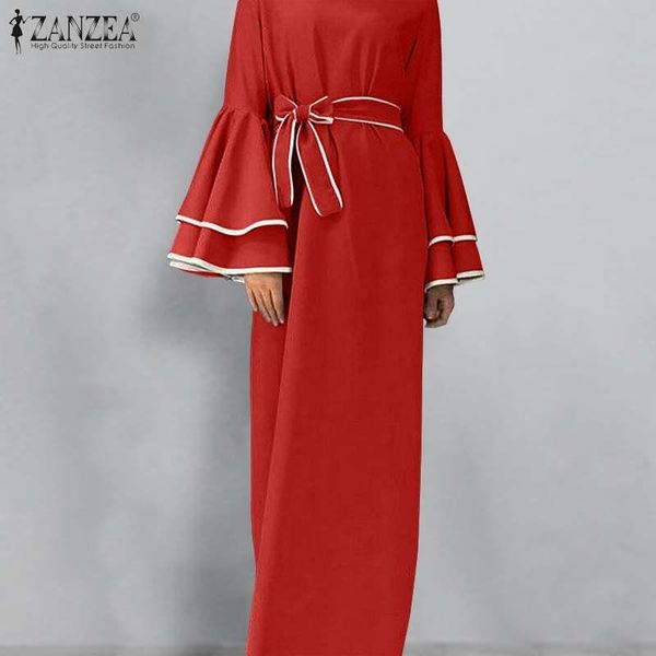 

women long flare sleeve autumn sundress elegant ruffles hem maxi dress casual dubai abaya turkey hijab muslim robe dresses, Black;gray