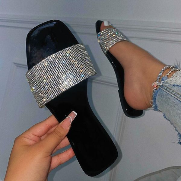 

slippers women's glitter bling summer flat-bottom square toe flip flop fashion rhinestone beach female sandals slipper, Black