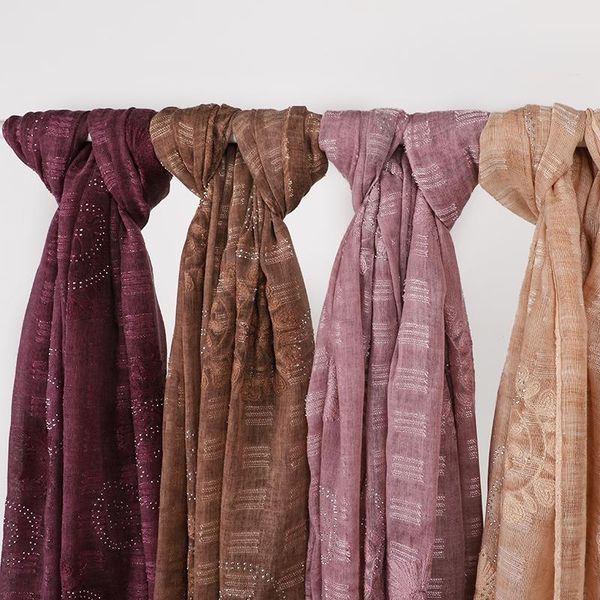 

scarves fashion cotton linen monochrome embroidery rhinestone embroidered tassel ladies scarf muslim 10pcs/lot, Blue;gray