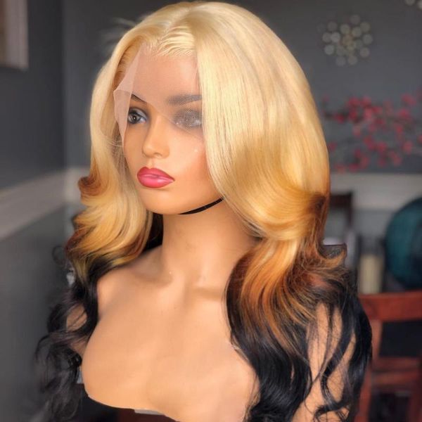 

ombre blonde 5x5 pu silk base wig for women middle part body wave human hair pre-plucked glueless wigs lace, Black;brown