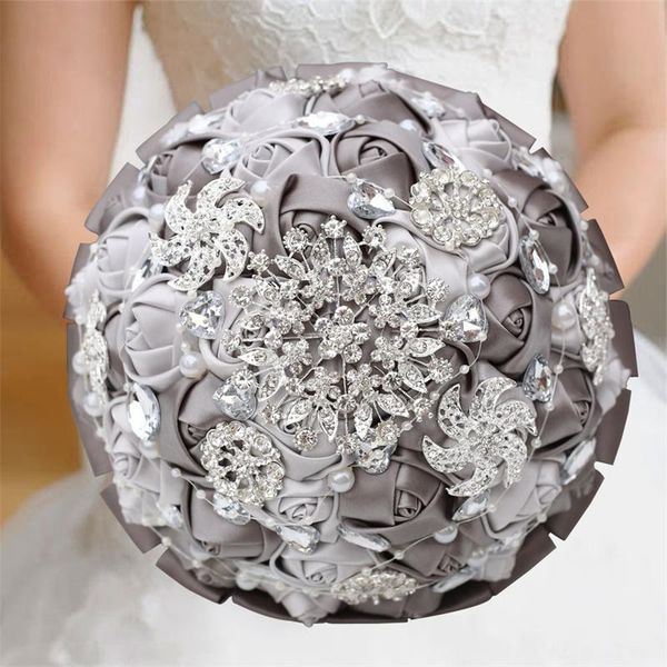 

wedding flowers design dark gray silver artificial roses bouquet pearls diamond crystal brooch ribbons bride holding