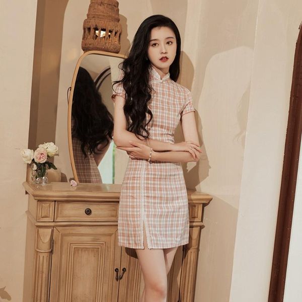 

ethnic clothing young girl plaid short skirt cheongsam dress women qipao elegant glamour party wedding, Red