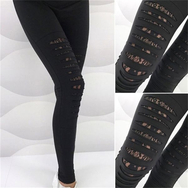 

summer fashion lace torn ripped hole leggings women gothic slim elastic black bandage pants thin wear 211218