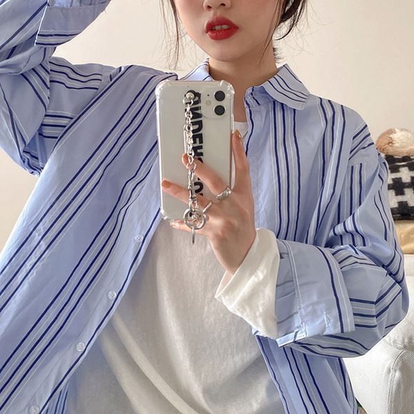

2Colors 2021 spring autumn womens blouse fashion Korean style Causal Loose Stripe shirt women outwear coat tops(F4237, White