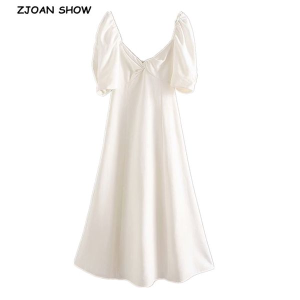 

women vintage v neck knik short puff sleeve dress retro backless slim waist a line midi long dresses elegant white vestido 210429, Black;gray