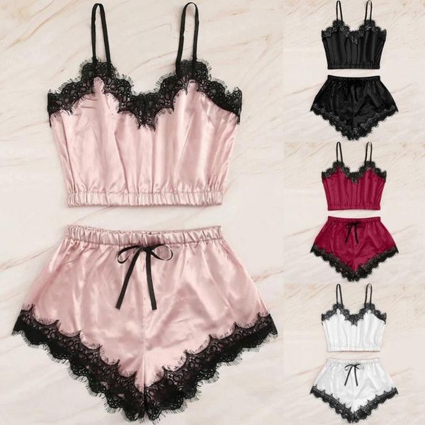 

women's swimwear lingerie pajamas nightwear mujer mouwlless tights pyjamas lace trim satin cami short set, White;black