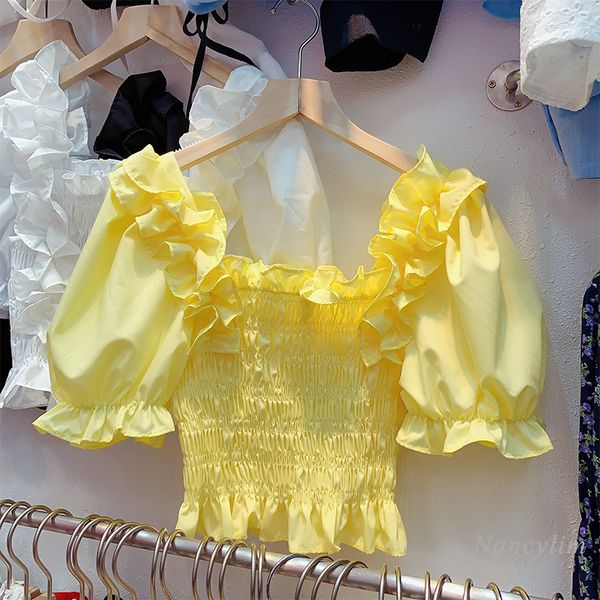 

blouses short for women summer sleeve off shoulder square collar pleated tight shirt girls students blouses crop top, White