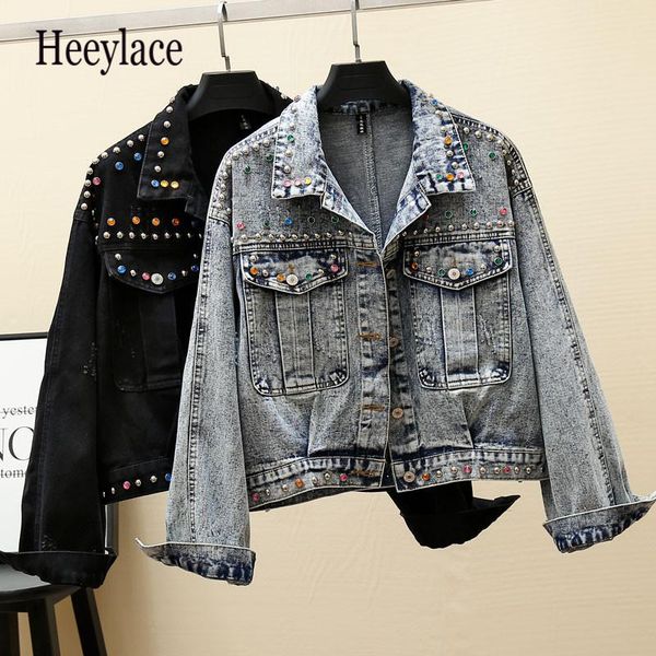 

women's jackets women jeans jacket hand studded rivet denim loose short ladies basic coats streetwear cowboy, Black;brown
