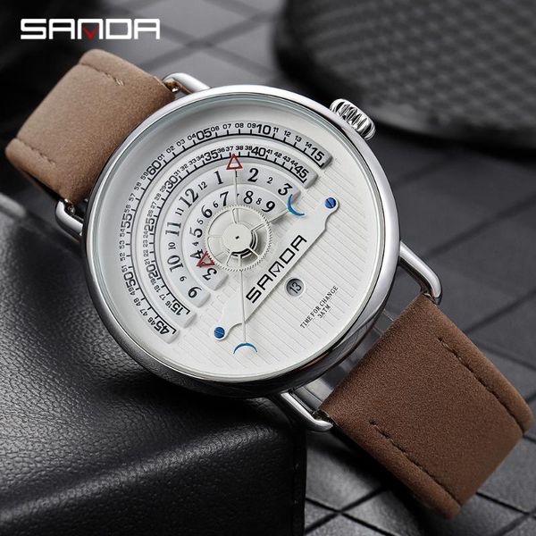 

wristwatches sanda fashion creative men watch special cool dial design practical calendar waterproof quartz wristwatch relogio masculino, Slivery;brown