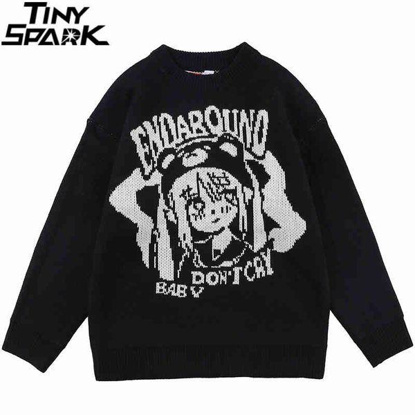 

hip hop streetwear knitted anime girl letter print pullover 2021 men autumn harajuku cotton casual sweater black beige