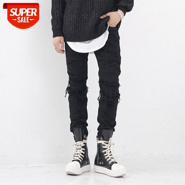 

black jeans men's beggar trousers with no leaking knife cut holes dark feet slim #ir6d, Blue