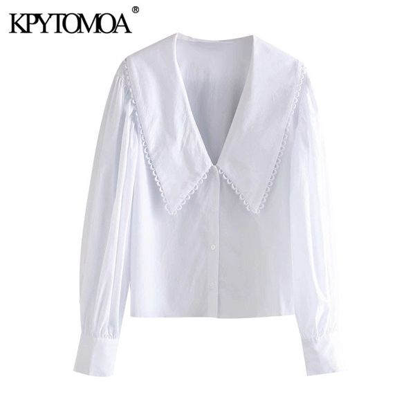 

kpytomoa women sweet fashion with embellished trim loose blouses vintage long sleeve button-up female shirts chic 210317, White
