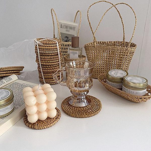 

mats & pads round rattan coasters natural corn straw woven dining table placemats padding cup kitchen decoration accessories