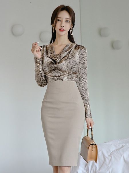 

two piece dress zawfl - women's 2-piece set, long sleeve v-neck and snake tube skirt, high waist, professional suit spring, White