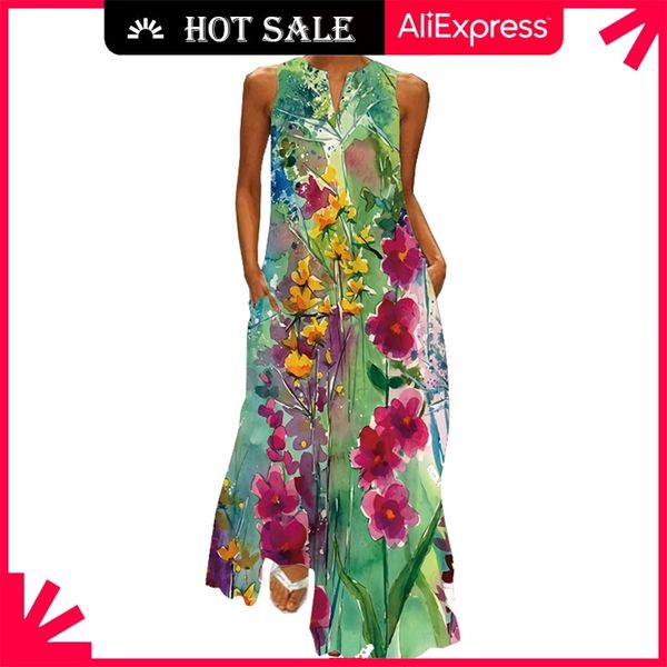 

movokaka floral print green dres long casual plus size es summer woman sleeveless girls beach maxi 210623, Black;gray