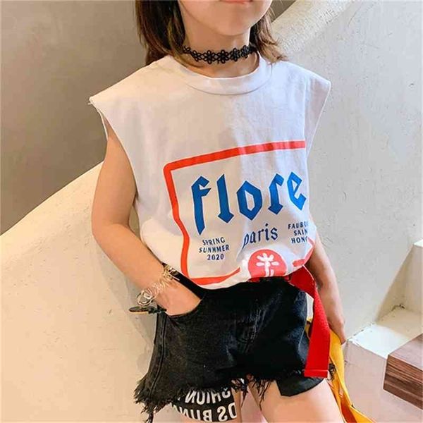 

summer arrival girls fashion printed t shirt kids sleeveless clothes 210528, Blue