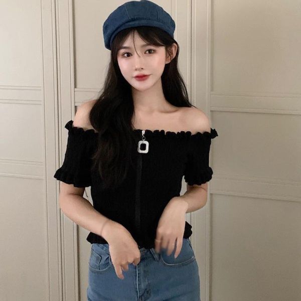 

women's t-shirt 2021 short-sleeved shirt female cute sweet summer korean women oblique solid color knit collar casual slim lo shi top, White